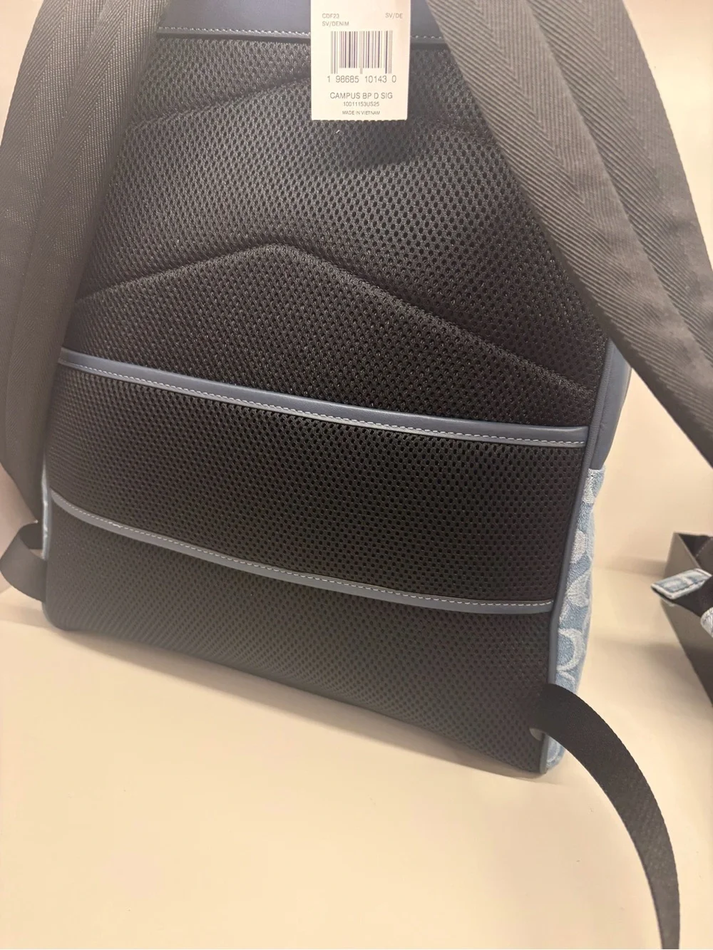 Coach Light Blue denim Signature Jacquard Backpack with Slate Trim blue leather
